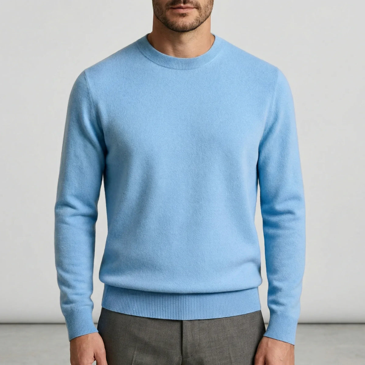 Fall sweater — Light blue cashmere crewneck long sleeves, front view. Ideal — 4 — view 4