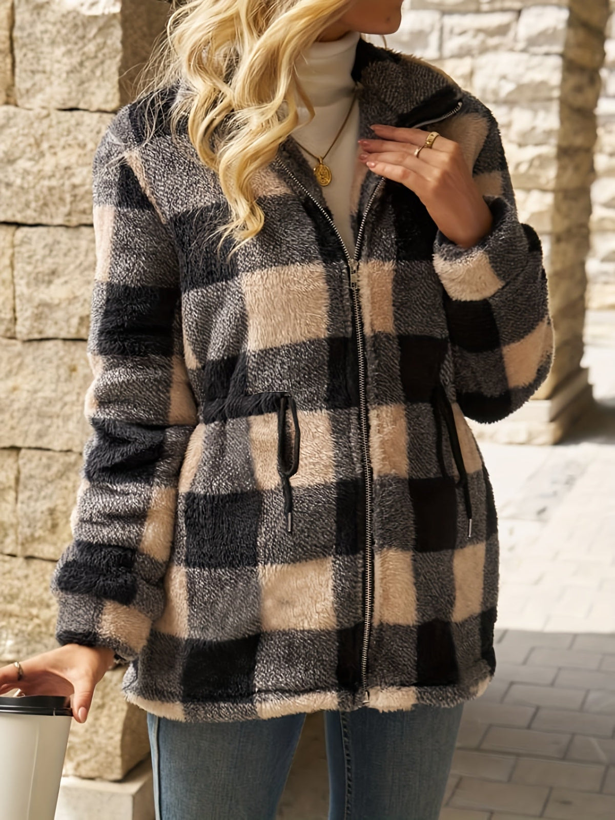 Euphemia™ | Women's Checked Plush Hooded Zip Jacket