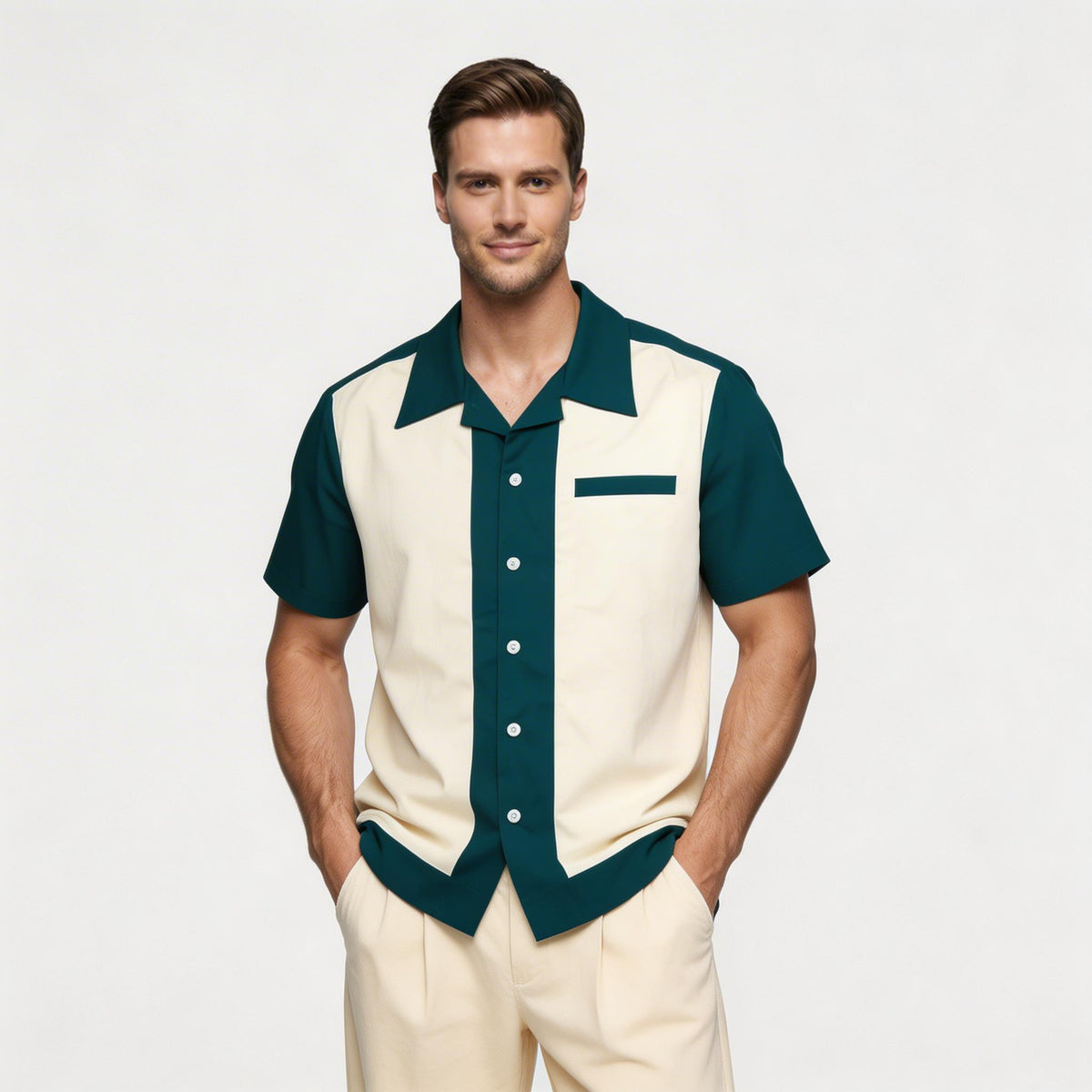 Camicia Uomo Manica Corta Collo Camp a Bottoni