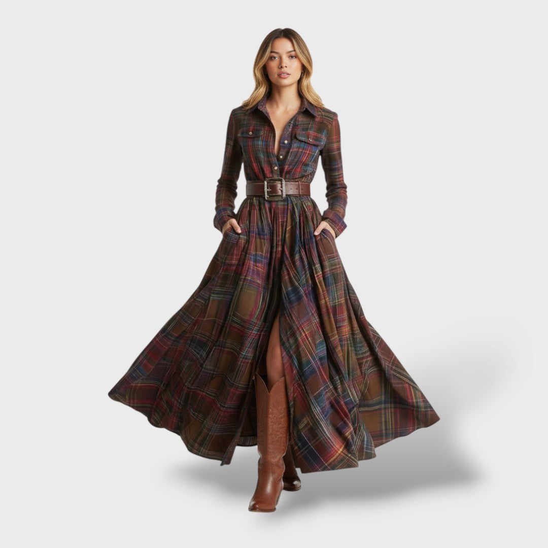 Vestito Camicia Donna a Quadri Manica Lunga Autunno