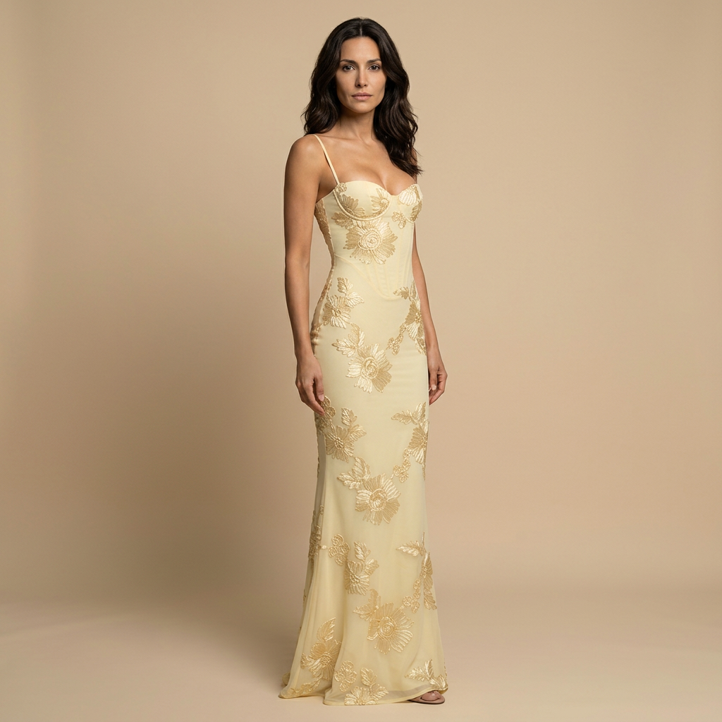 Abito Cerimonia Donna Lungo Sirena con Applicazioni Floreali in Tulle