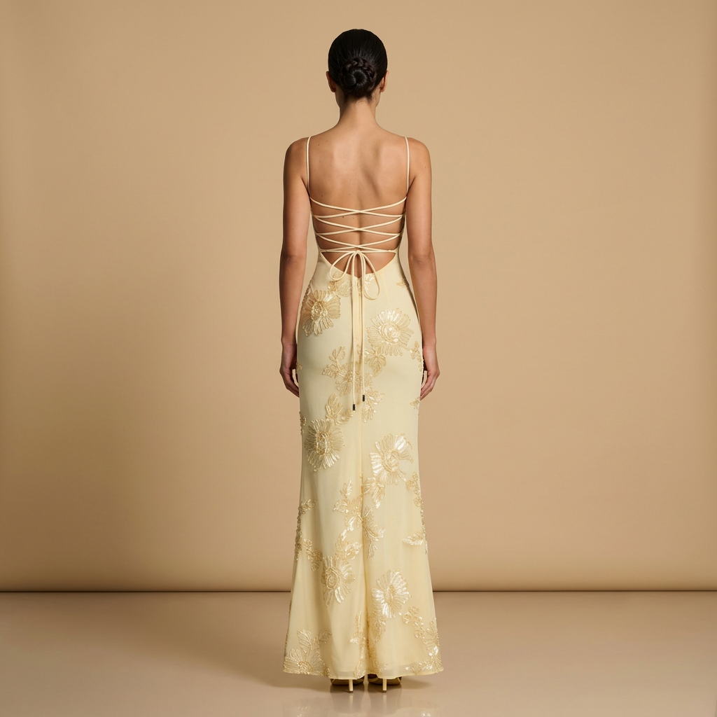 Abito Cerimonia Donna Lungo Sirena con Applicazioni Floreali in Tulle