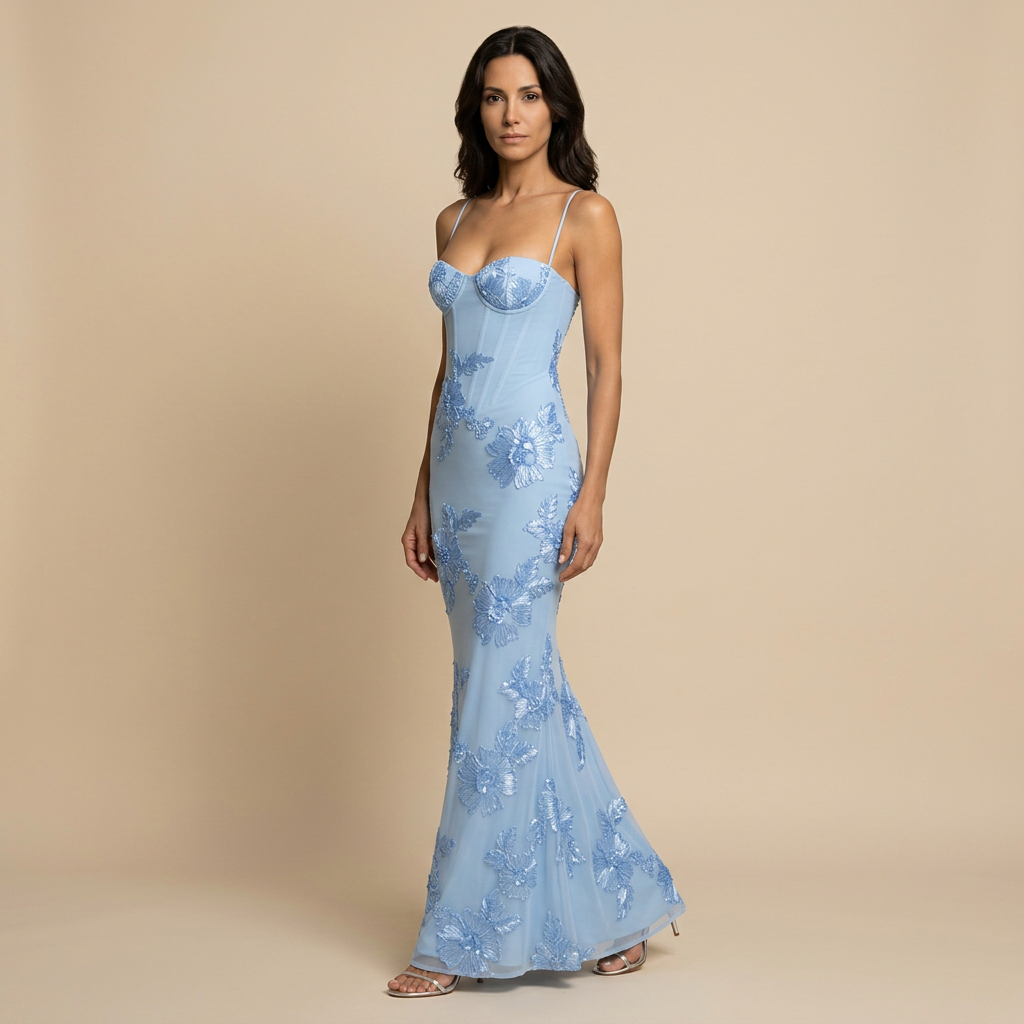 Abito Cerimonia Donna Lungo Sirena con Applicazioni Floreali in Tulle