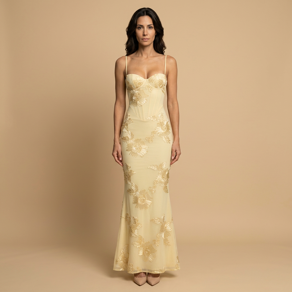 Abito Cerimonia Donna Lungo Sirena con Applicazioni Floreali in Tulle