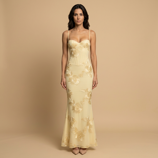 Abito Cerimonia Donna Lungo Sirena con Applicazioni Floreali in Tulle