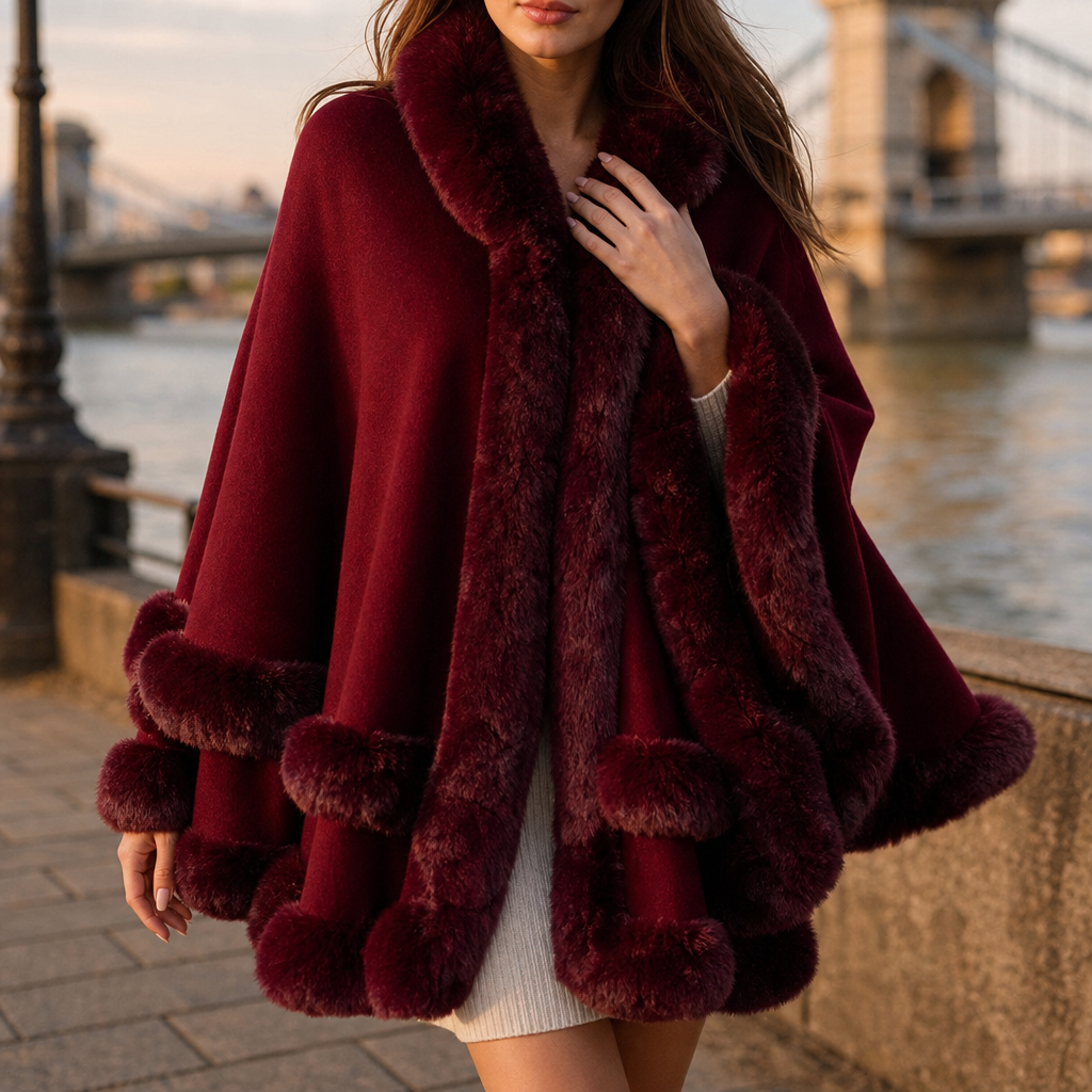 Mantella Donna in Maglia con Cappuccio e Bordo in Ecopelliccia