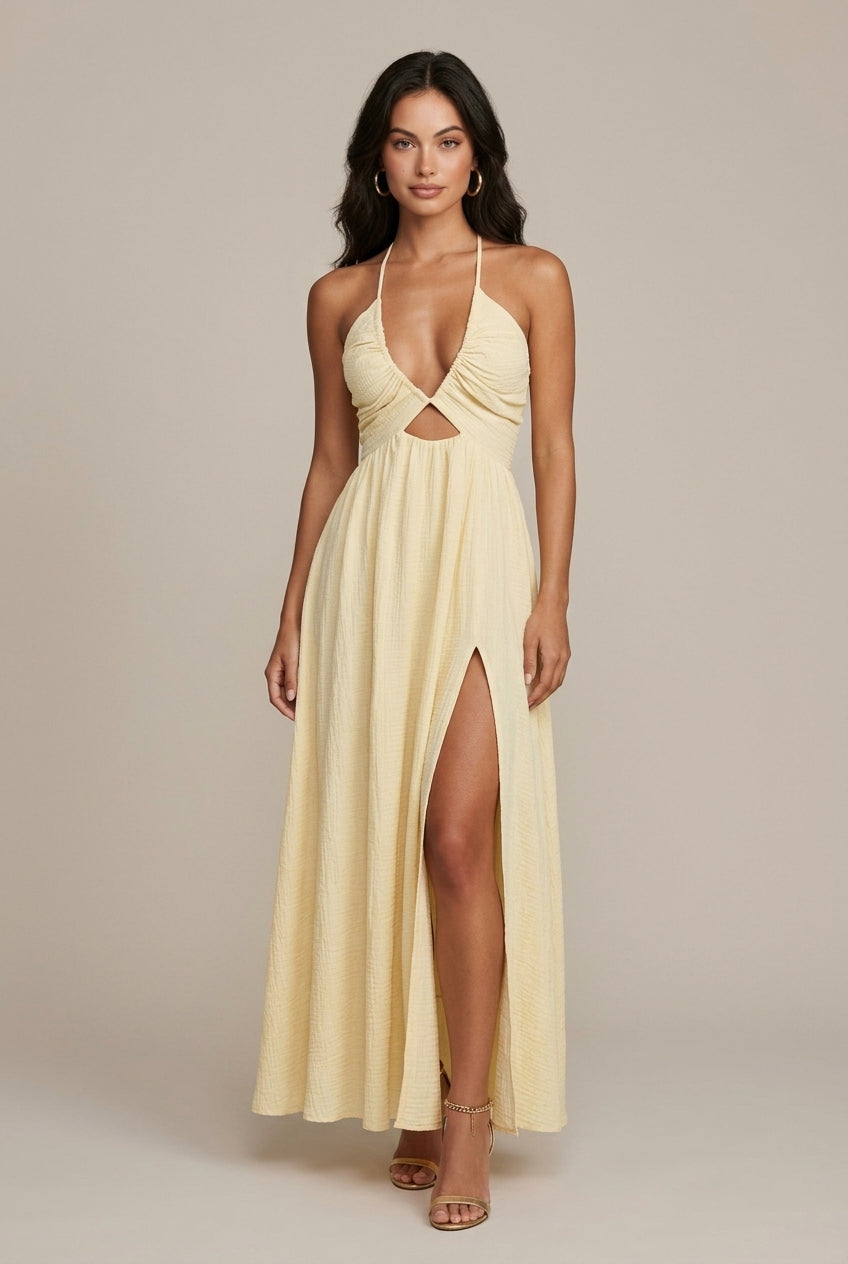 Abito Midi Donna Halter con Cut-Out e Spacco Laterale
