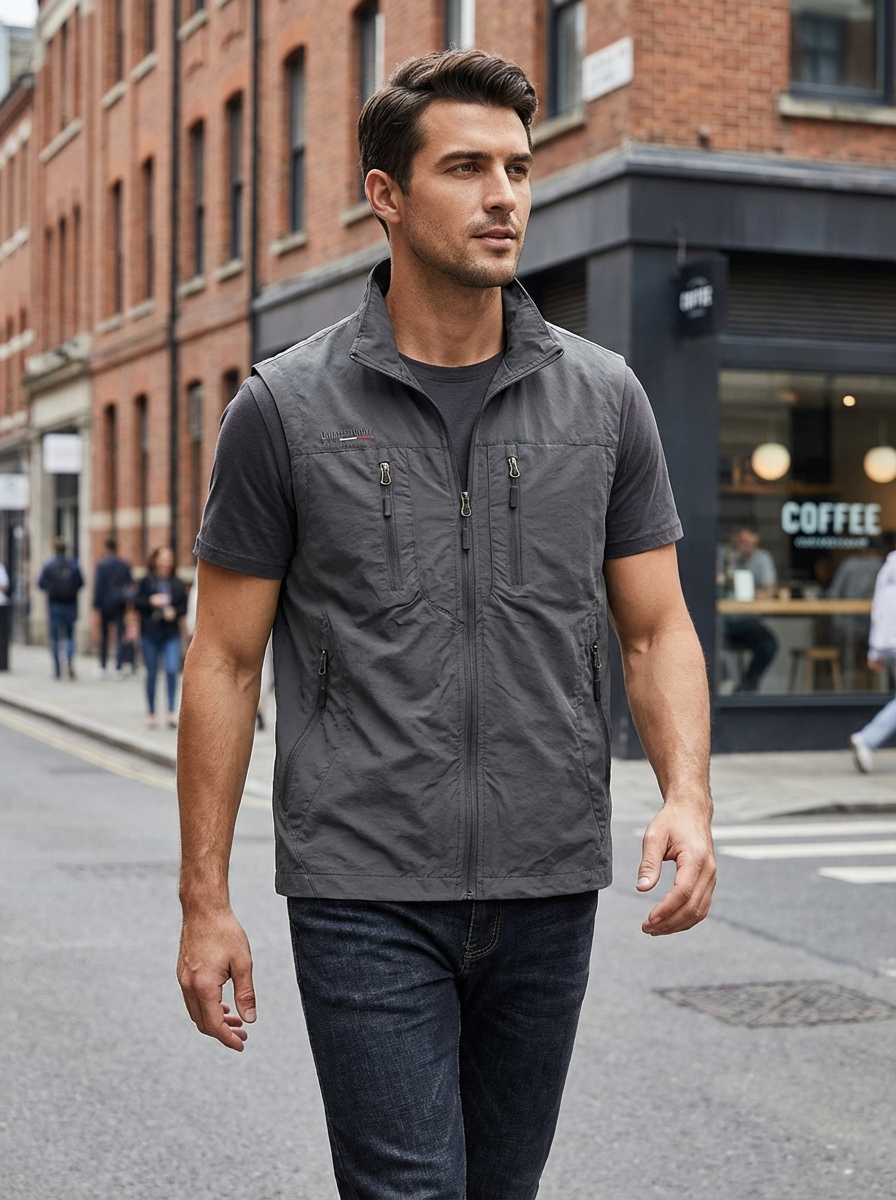Gilet Slim Fit da Uomo – Con Zip e Tasche, Adatto per Primavera e Autunno