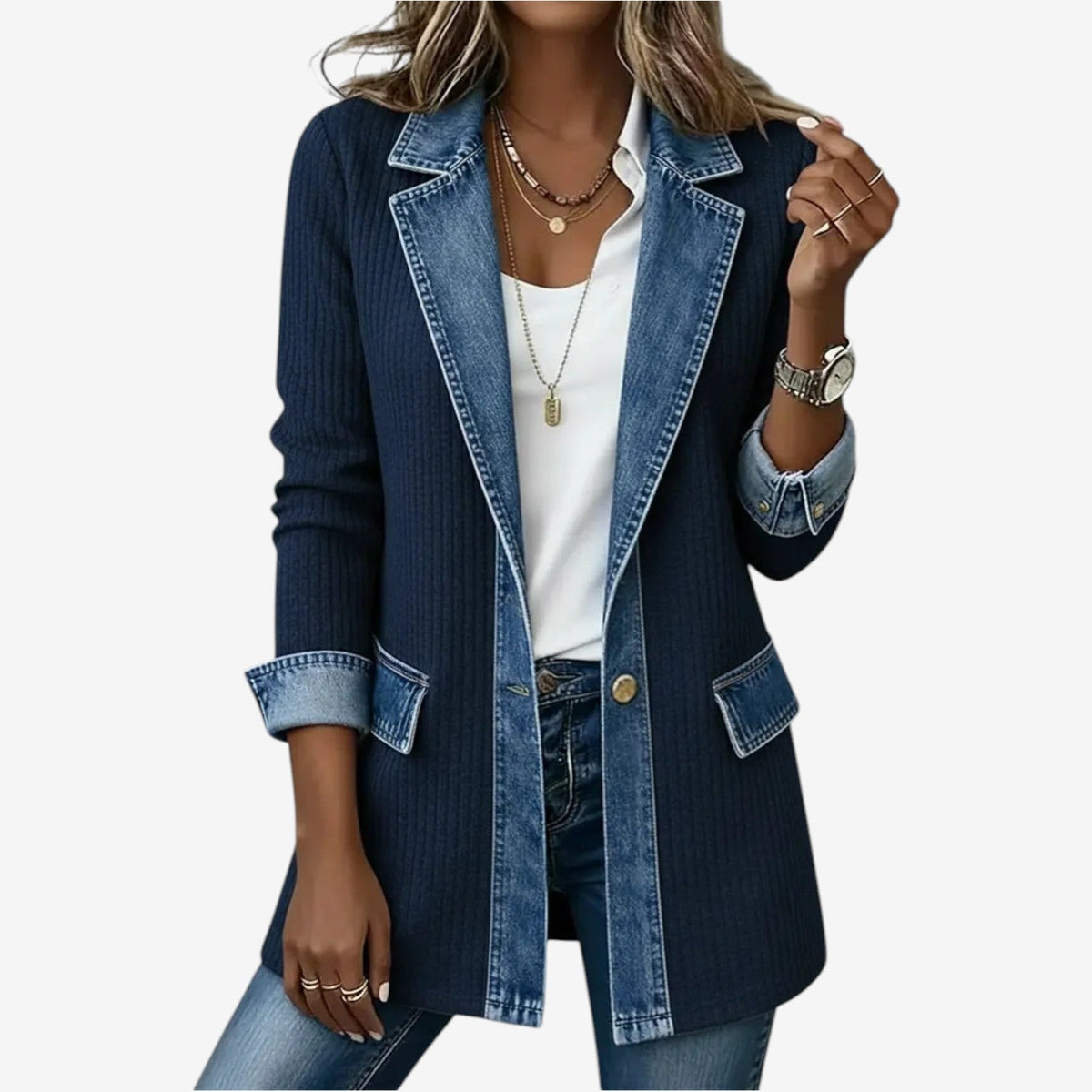Giacca Donna con Colletto a Strati e Bottoni, Effetto Maglia e Denim