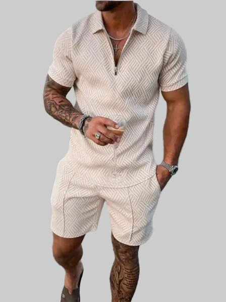 Completo Uomo Slim Fit Polo e Bermuda Manica Corta con Zip