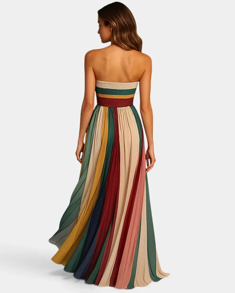 Abito Lungo Donna Senza Spalline Plissé Multicolore da Sera