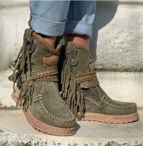 Stivali Western Donna in Camoscio con Frange e Suola Antiscivolo
