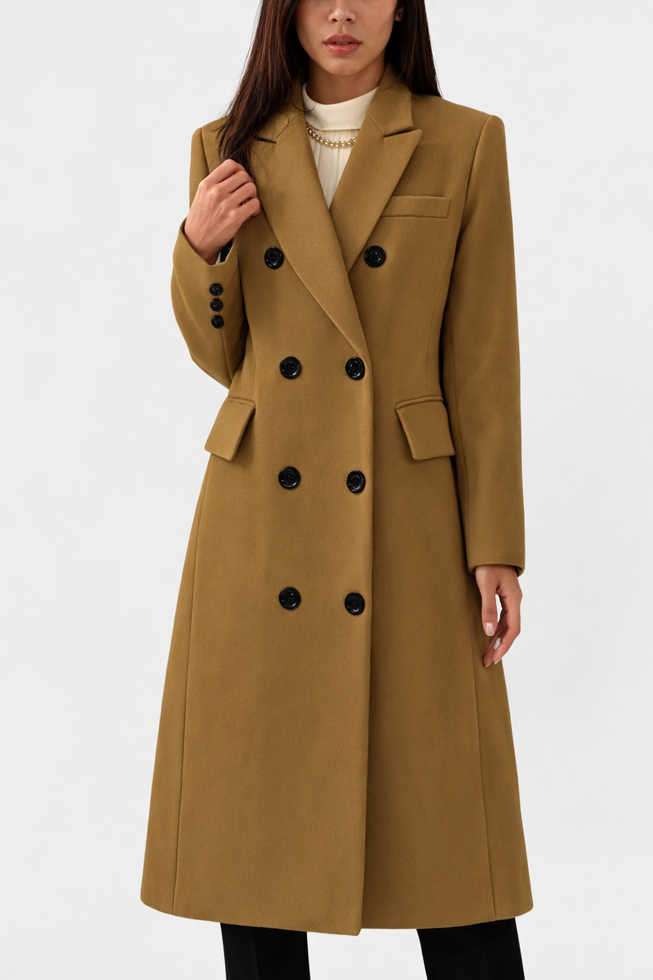 Cappotto Donna Lungo Doppiopetto con Revers e Tasche a Pattina
