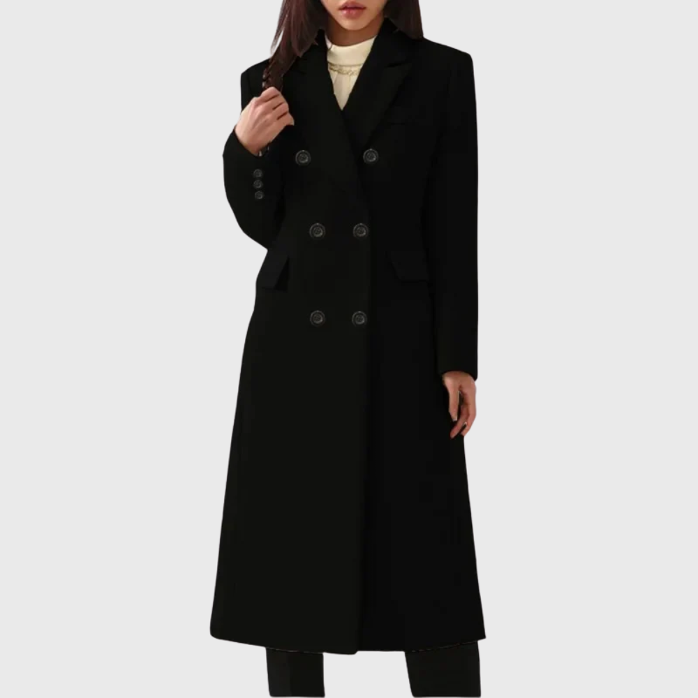 Cappotto Donna Lungo Doppiopetto con Revers e Tasche a Pattina