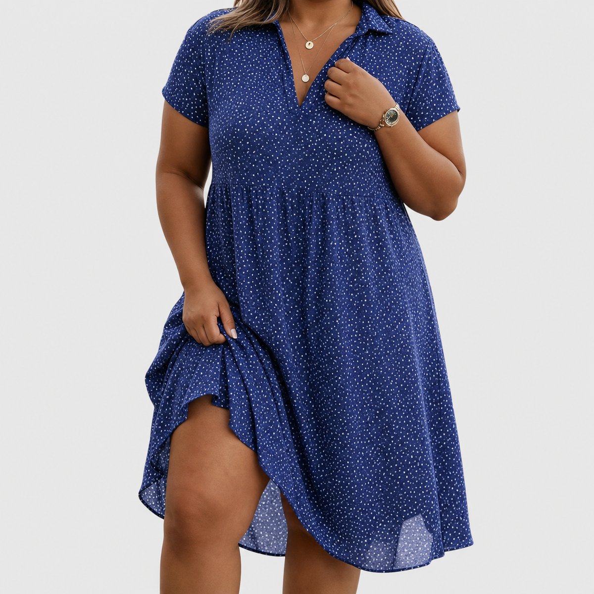 Vestito Donna Scollo a V Comodo con Stampa Leggera