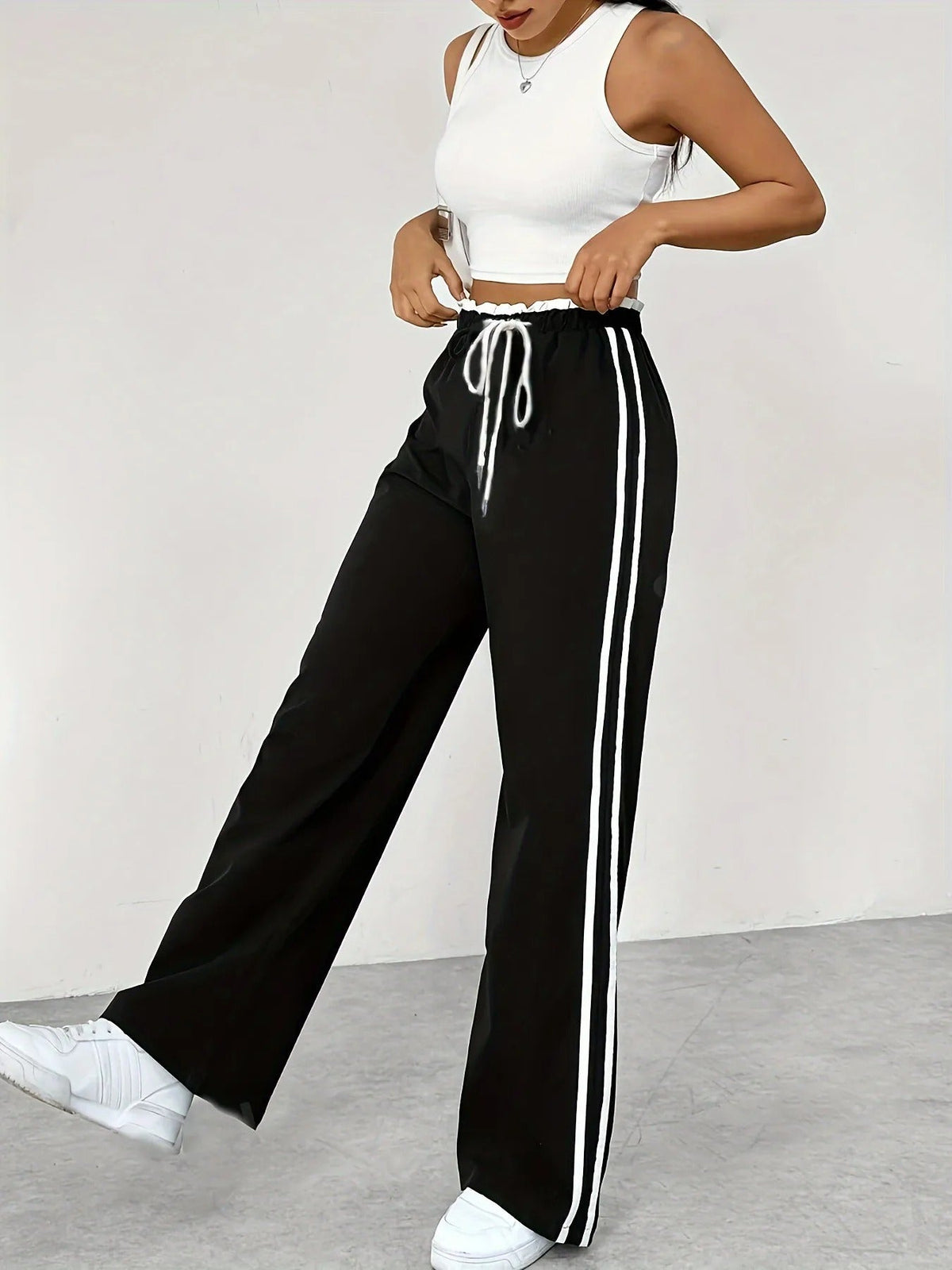Pantaloni Jogger Donna Vita Alta a Righe Laterali - Tuta Sportiva Casual