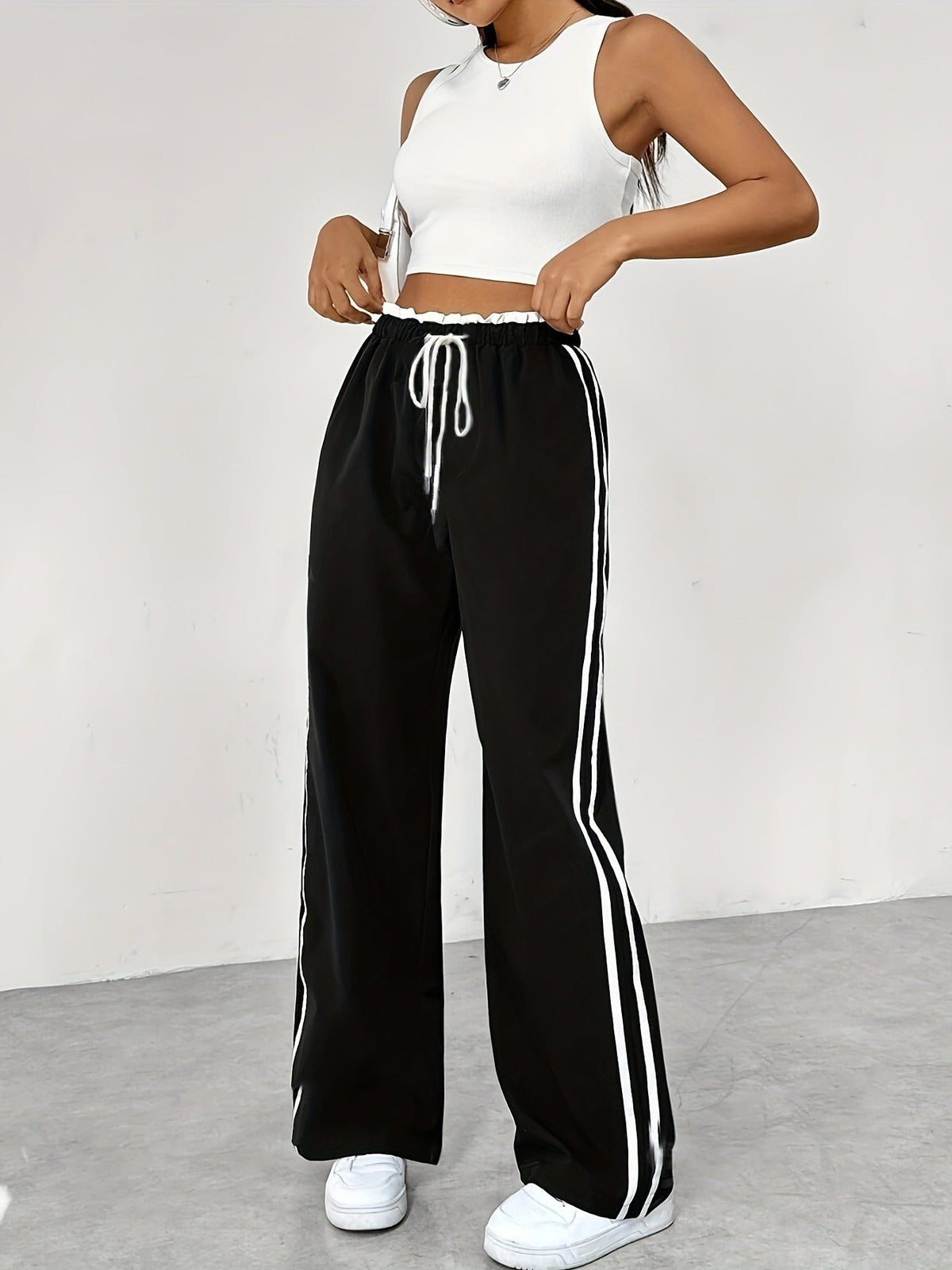 Pantaloni Jogger Donna Vita Alta a Righe Laterali - Tuta Sportiva Casual