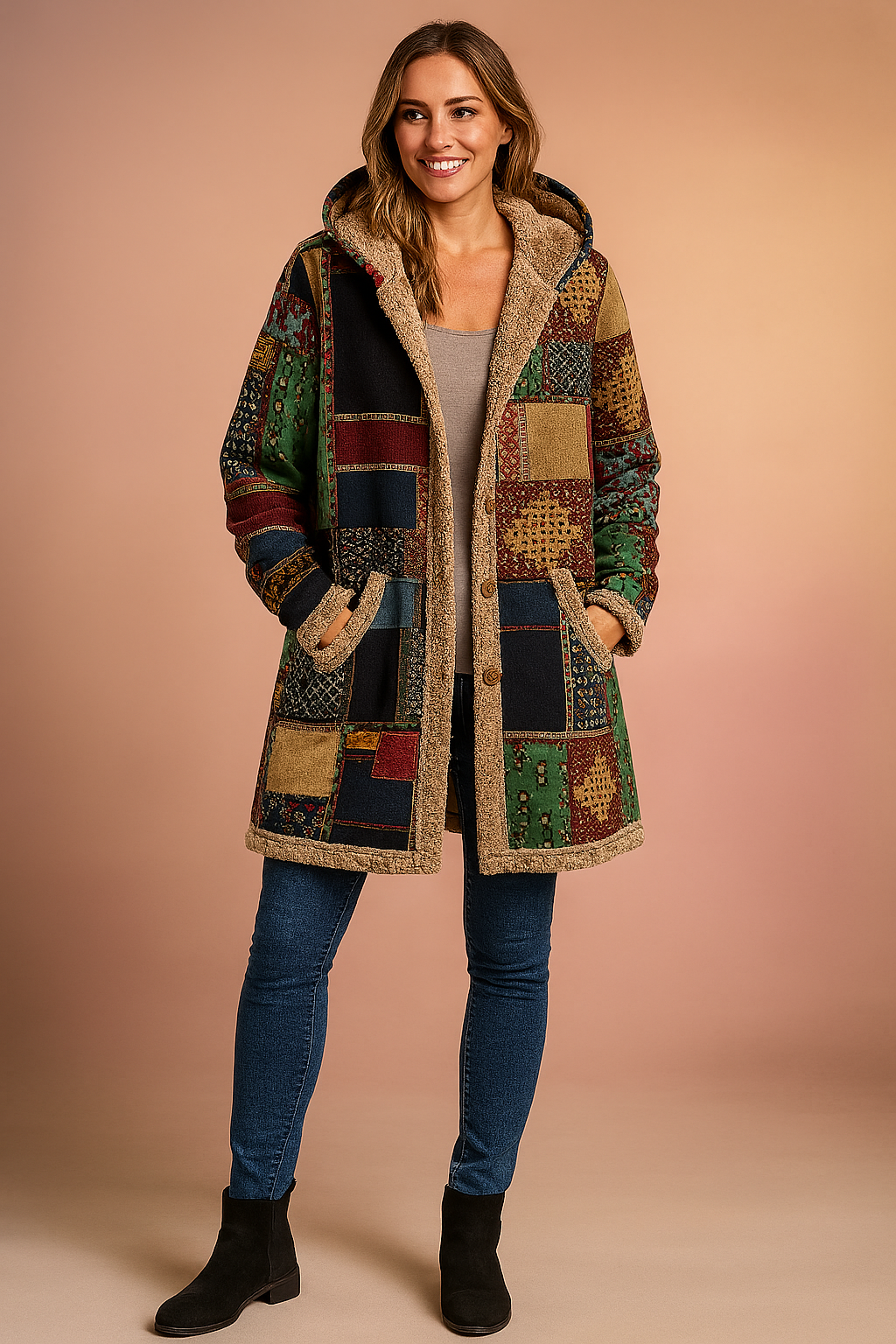 Kurtka fleece damska długa z kapturem - wzór patchwork – widok produktu 4 | Ionotix