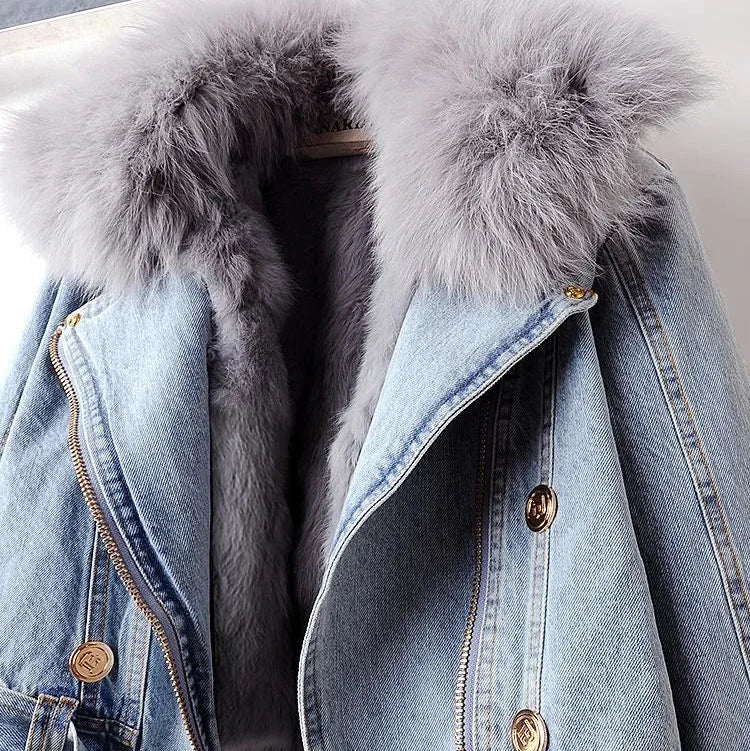 Donna - Giacca di jeans - Blu con collo e polsini in pelliccia sintetica - Stile invernale
