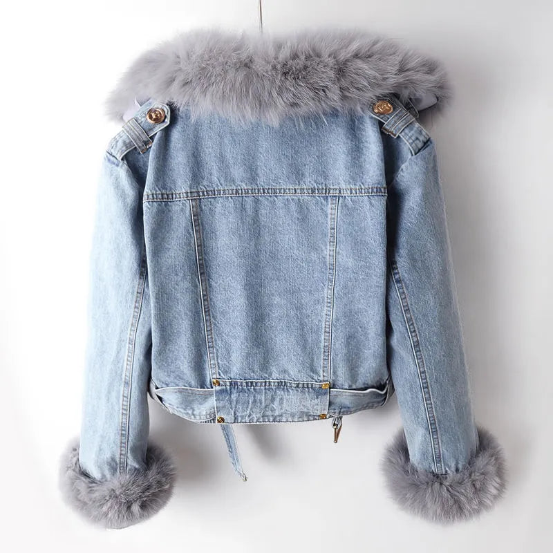 Donna - Giacca di jeans - Blu con collo e polsini in pelliccia sintetica - Stile invernale