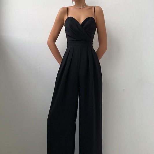 Tuta Donna Elegante Senza Maniche con Scollo a Cuore e Gambe Larghe