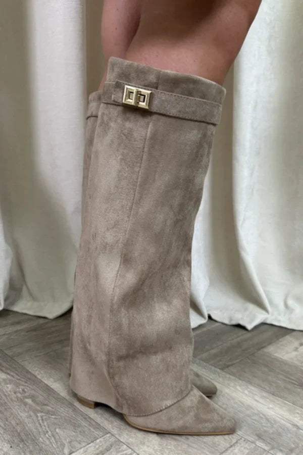Stivali da Donna – Alti fino al Ginocchio in Camoscio o Ecopelle con Tacco a Blocco e Chiusura Lampo per Look Eleganti