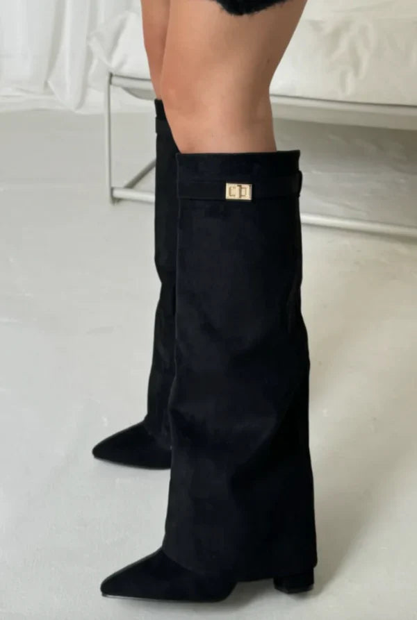 Stivali da Donna – Alti fino al Ginocchio in Camoscio o Ecopelle con Tacco a Blocco e Chiusura Lampo per Look Eleganti