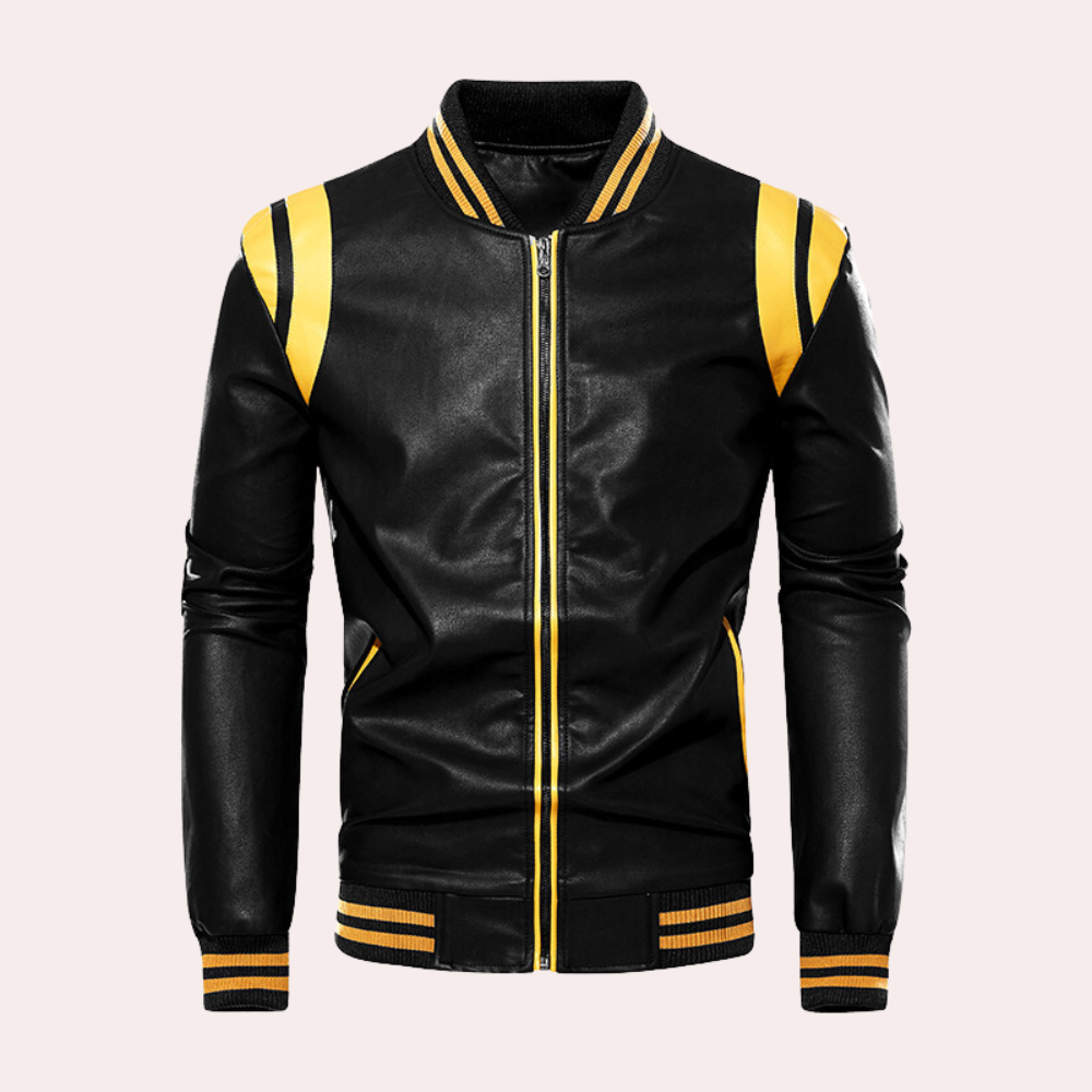 Bomber Uomo in Ecopelle con Zip Intera e Righe a Contrasto