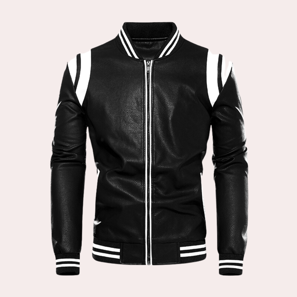 Bomber Uomo in Ecopelle con Zip Intera e Righe a Contrasto