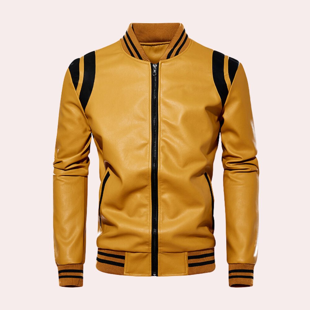 Bomber Uomo in Ecopelle con Zip Intera e Righe a Contrasto
