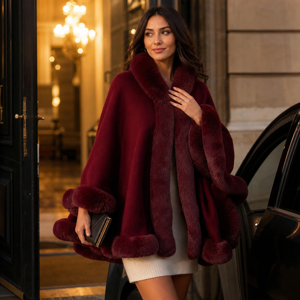 Mantella Donna in Maglia con Cappuccio e Bordo in Ecopelliccia
