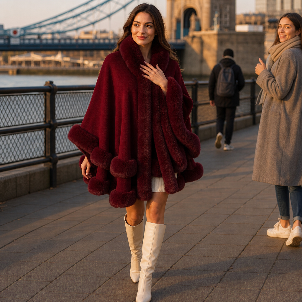 Mantella Donna in Maglia con Cappuccio e Bordo in Ecopelliccia