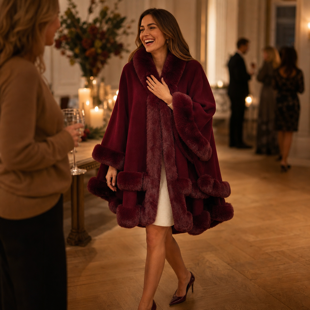 Mantella Donna in Maglia con Cappuccio e Bordo in Ecopelliccia