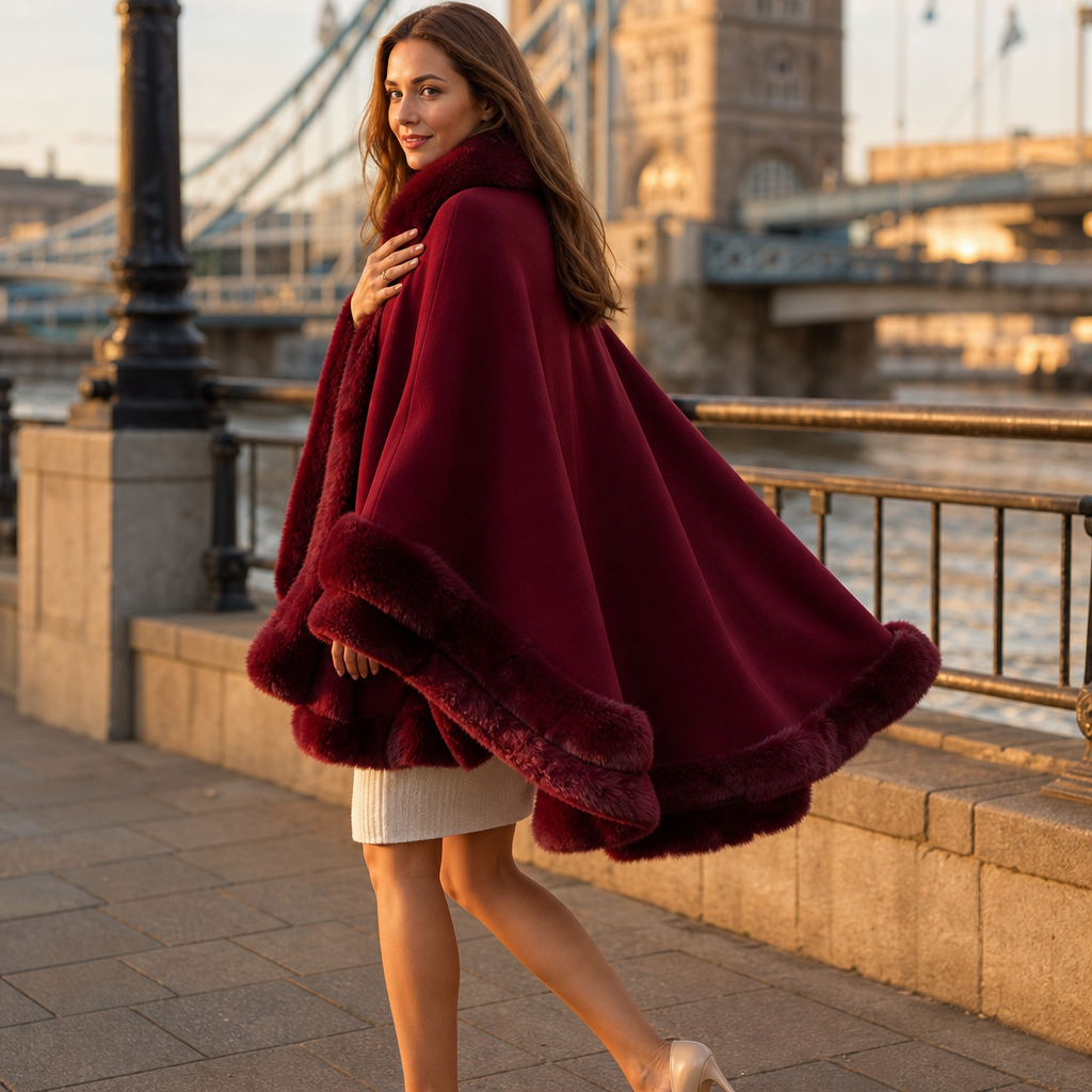 Mantella Donna in Maglia con Cappuccio e Bordo in Ecopelliccia