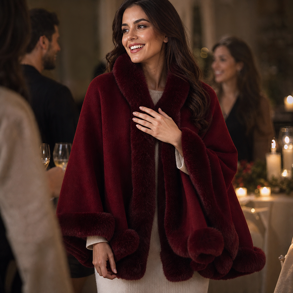 Mantella Donna in Maglia con Cappuccio e Bordo in Ecopelliccia