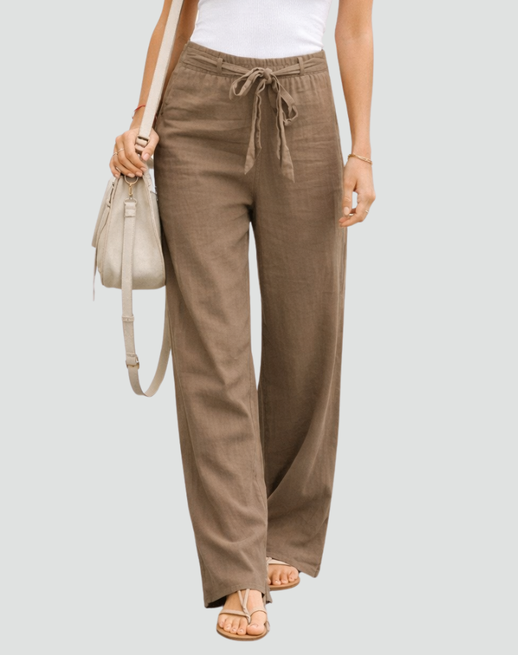 Pantaloni Donna in Lino a Gamba Larga con Coulisse in Vita