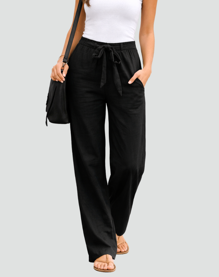 Pantaloni Donna in Lino a Gamba Larga con Coulisse in Vita