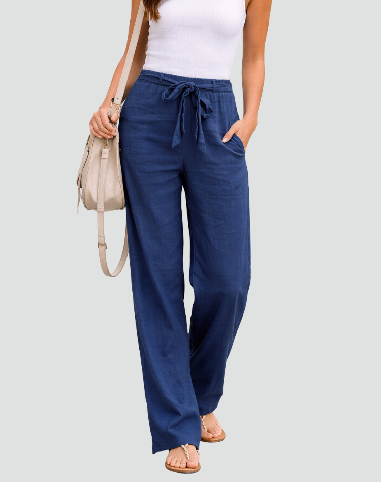 Pantaloni Donna in Lino a Gamba Larga con Coulisse in Vita