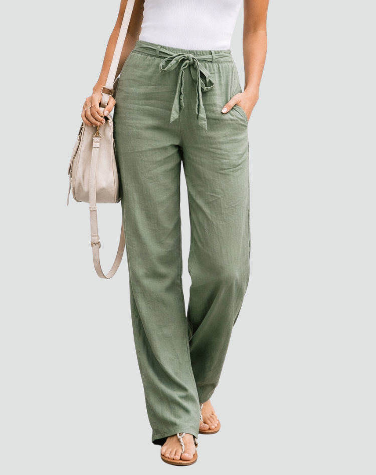 Pantaloni Donna in Lino a Gamba Larga con Coulisse in Vita