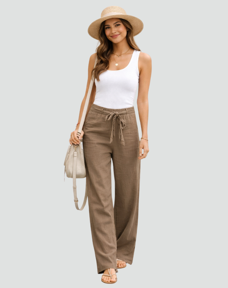 Pantaloni Donna in Lino a Gamba Larga con Coulisse in Vita