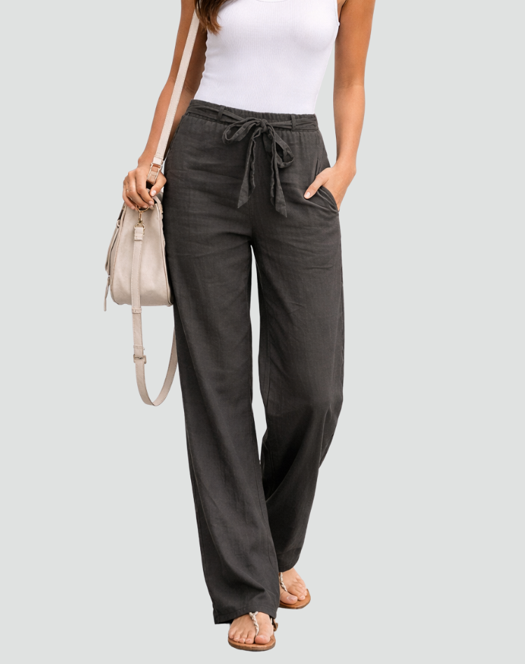 Pantaloni Donna in Lino a Gamba Larga con Coulisse in Vita