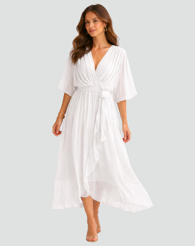 Abito Midi Donna a Portafoglio con Scollo a V e Gonna Asimmetrica