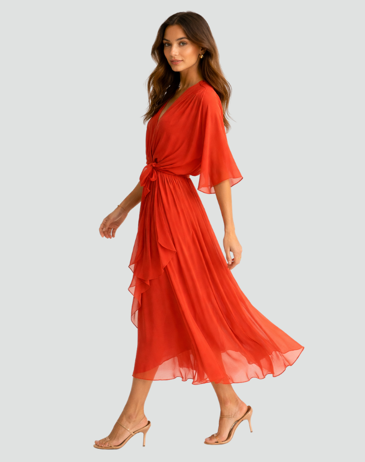 Abito Midi Donna a Portafoglio con Scollo a V e Gonna Asimmetrica
