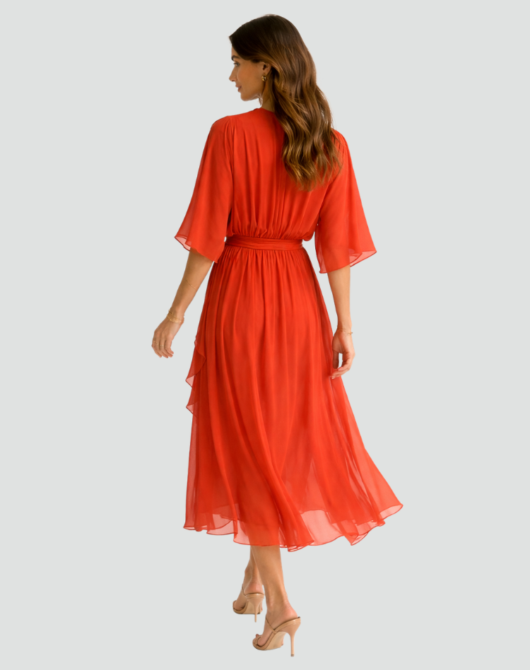 Abito Midi Donna a Portafoglio con Scollo a V e Gonna Asimmetrica