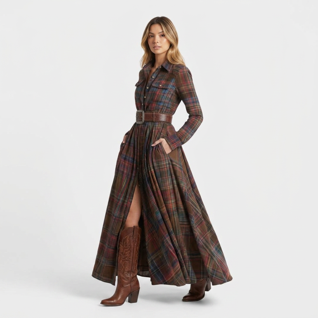 Vestito Camicia Donna a Quadri Manica Lunga Autunno
