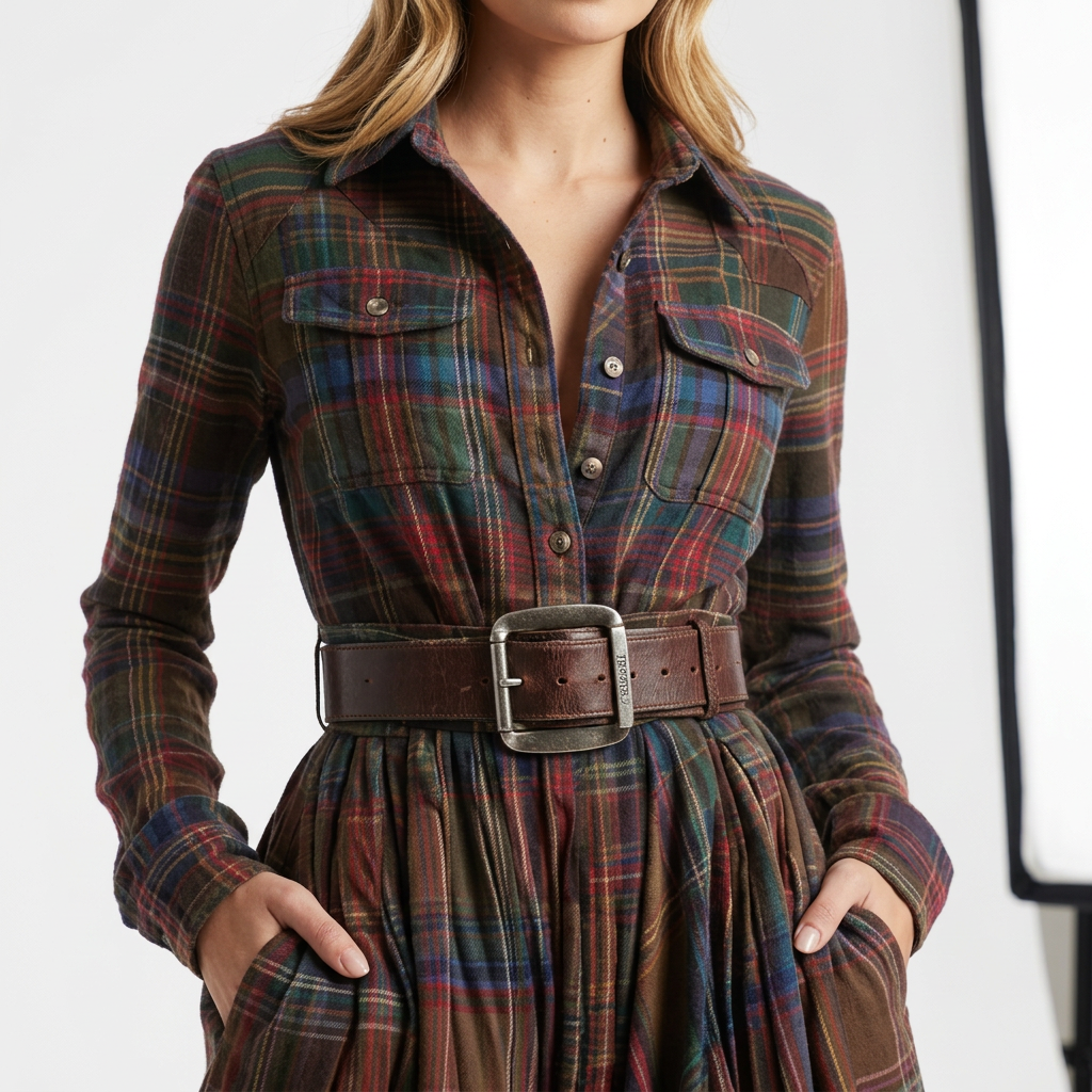 Vestito Camicia Donna a Quadri Manica Lunga Autunno