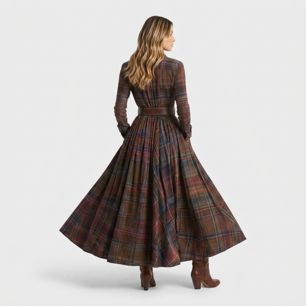 Vestito Camicia Donna a Quadri Manica Lunga Autunno