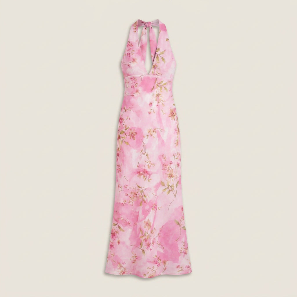 Abito Donna Lungo Collo Halter Scollo a V