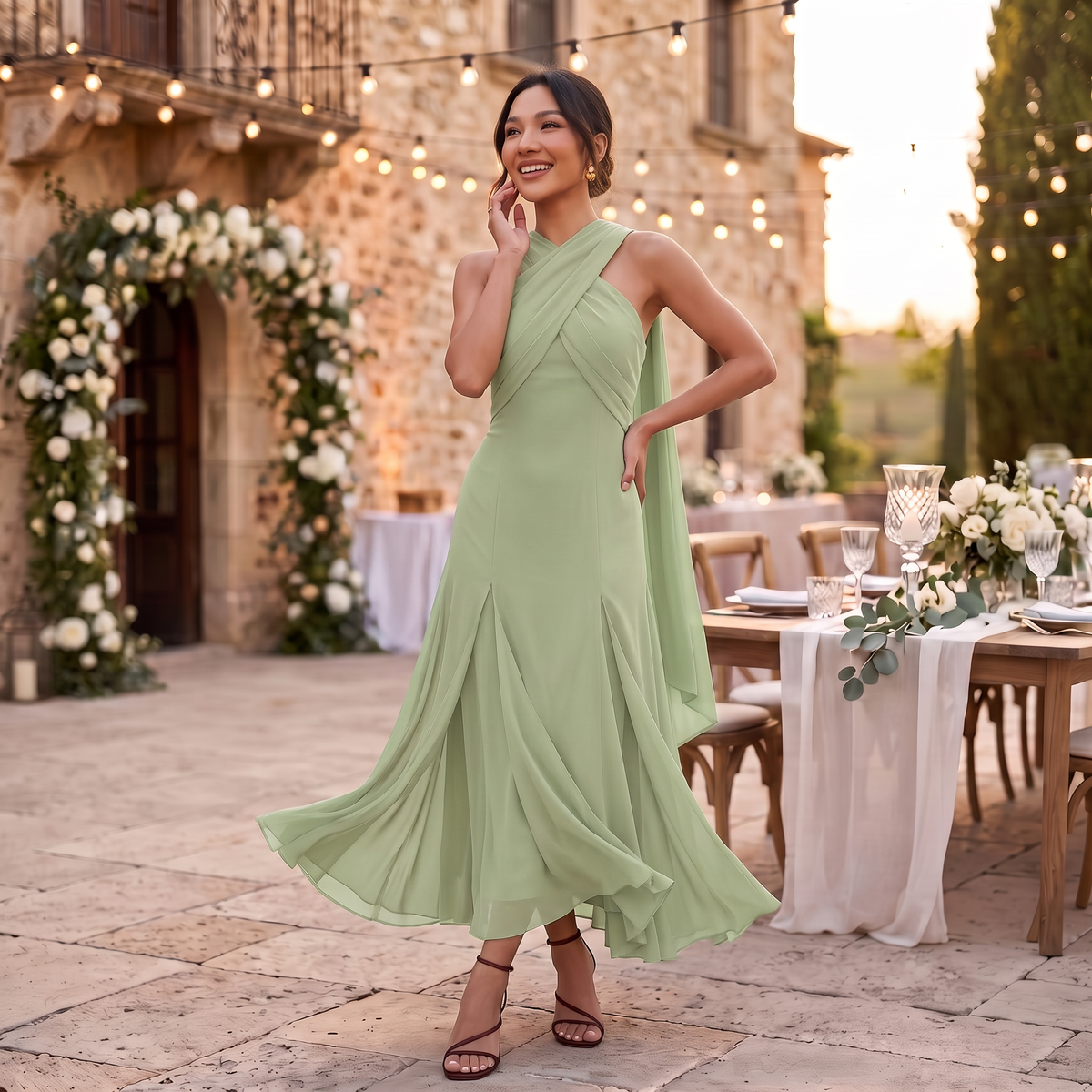 Abito Lungo da Invitata con Fiocco in Georgette