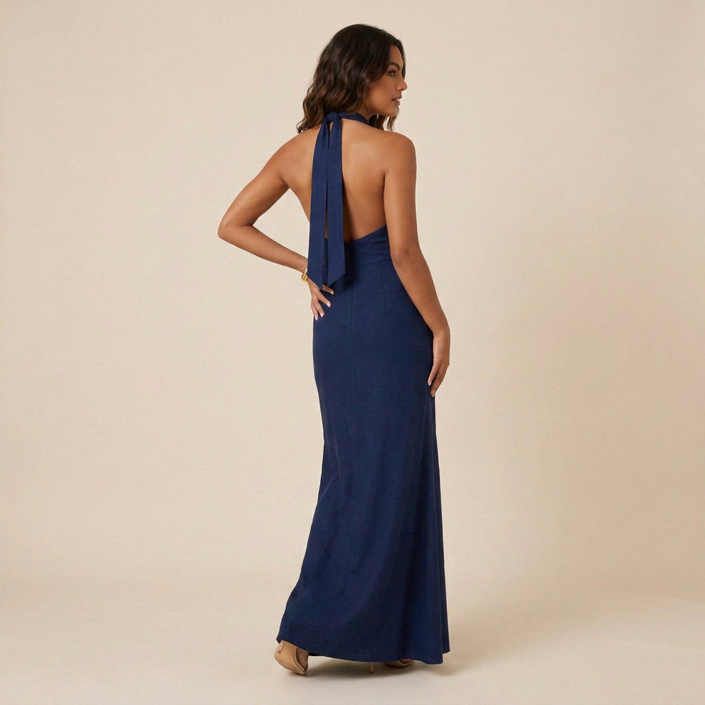 Abito Donna Lungo Collo Halter Scollo a V